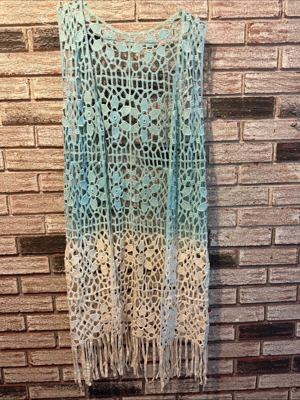 Handmade Crochet Openwork Two-Tone Cover-Up - Mint and Cream